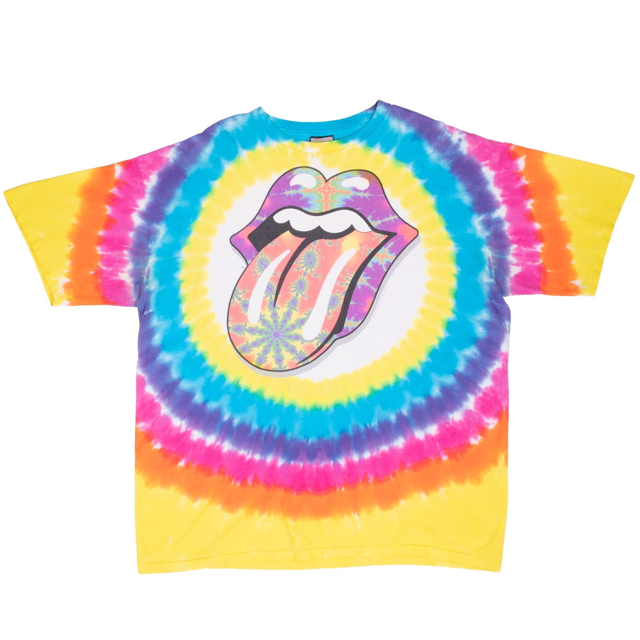 Front of Rolling Stones T-shirt with rainbow tie-dye rings and tongue logo