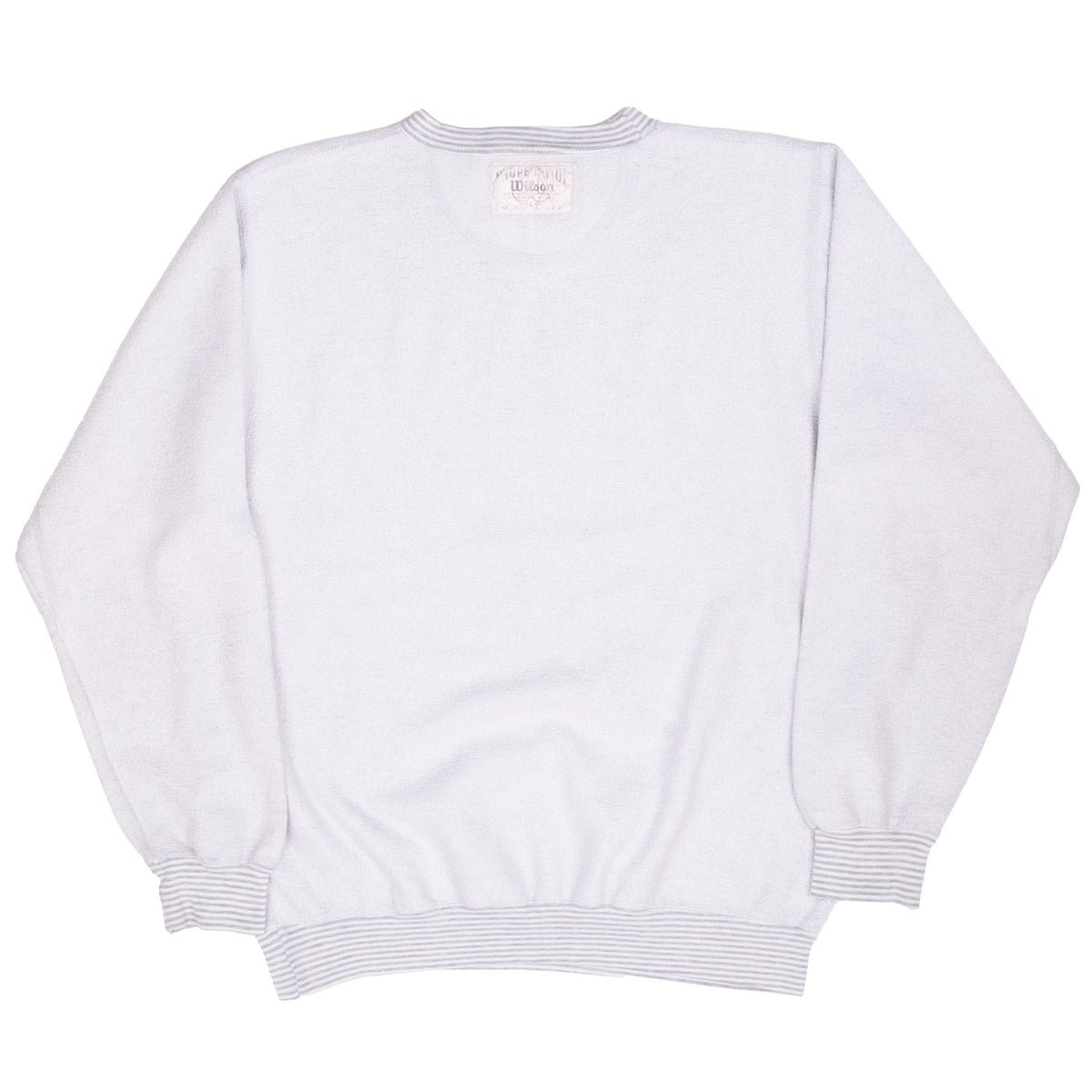 Back of light gray Wilson crewneck sweatshirt with plain body and striped ribbed trim
