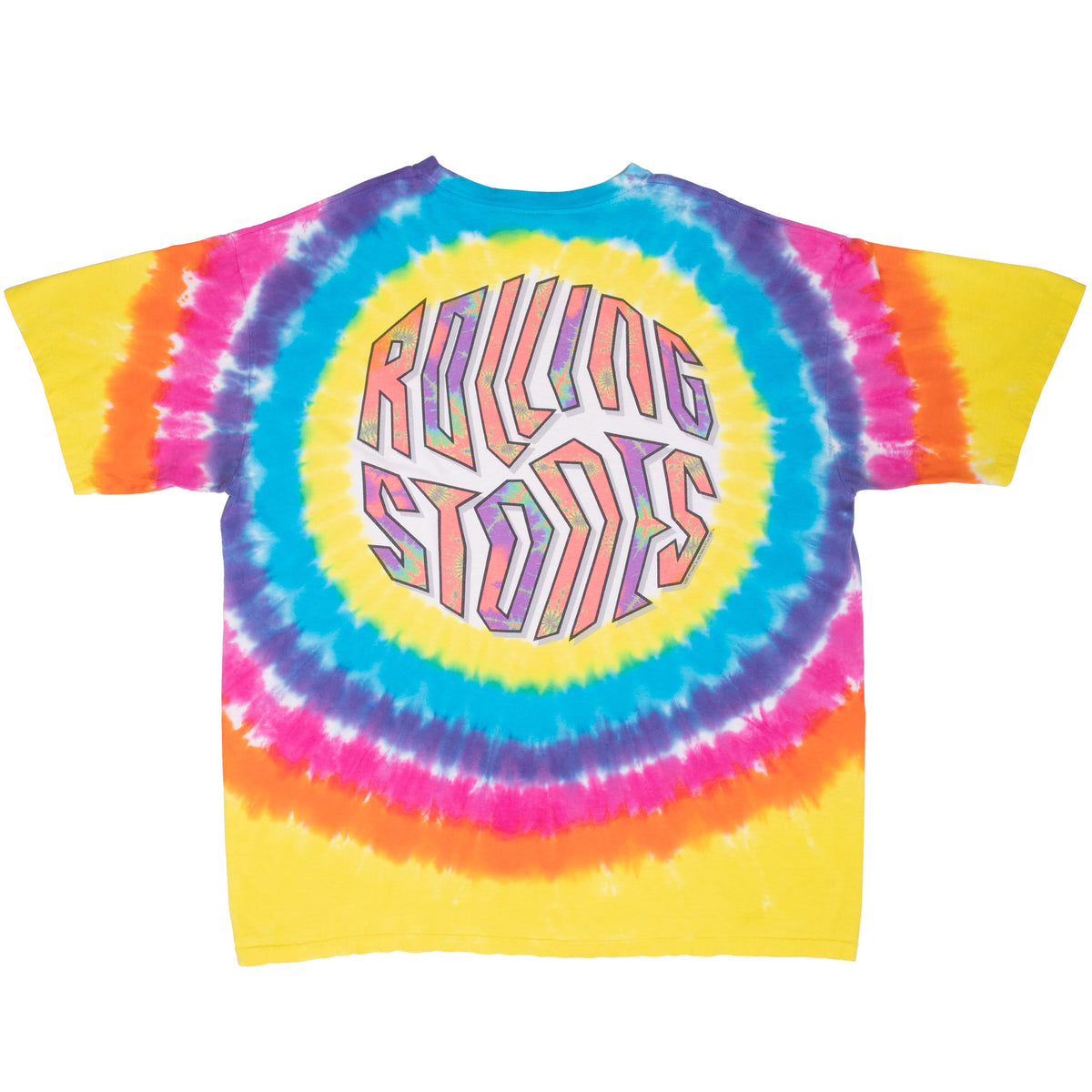 Back of Rolling Stones T-shirt with rainbow tie-dye rings and circular band logo