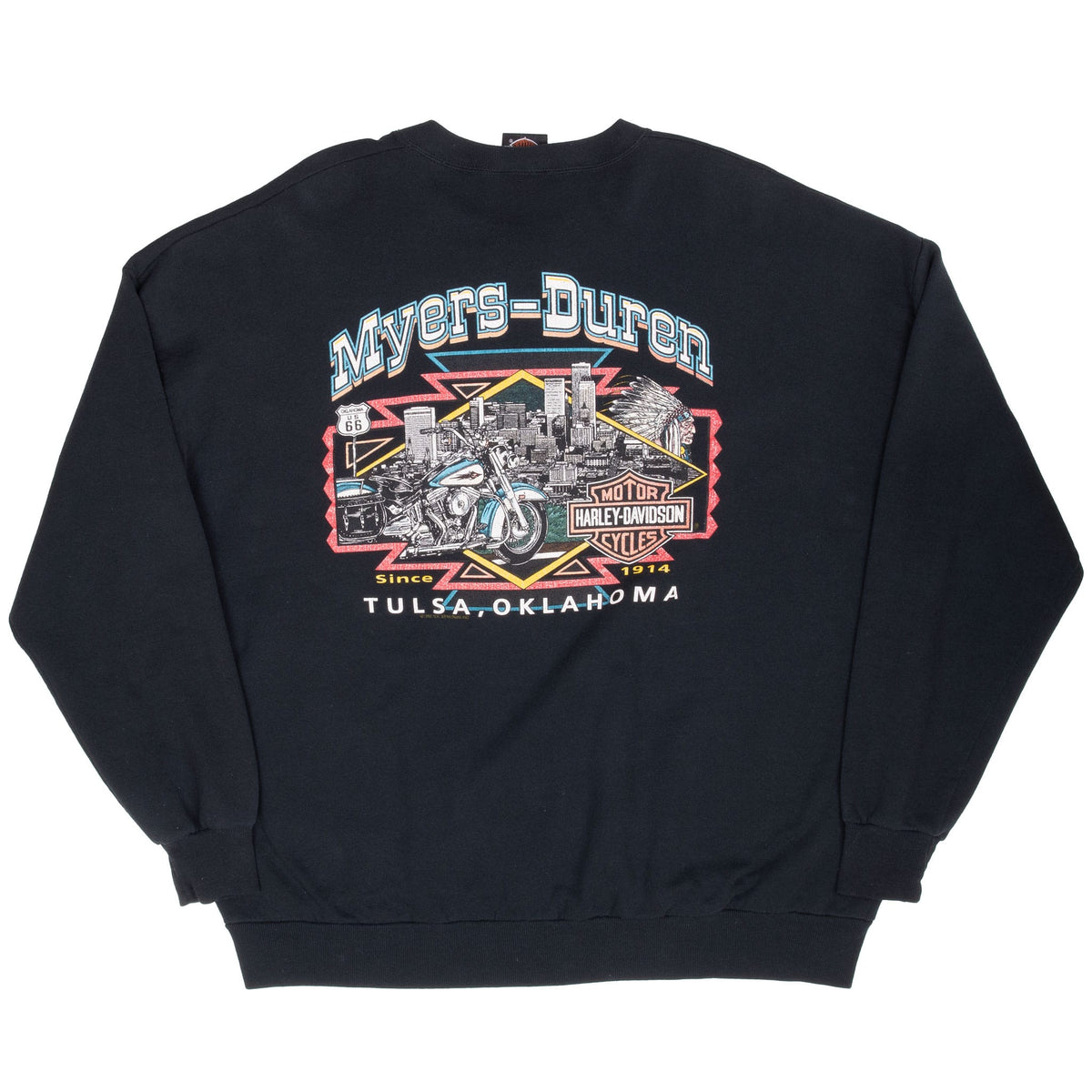 Back of black Harley-Davidson sweatshirt with multicolor Myers-Duren Tulsa graphic