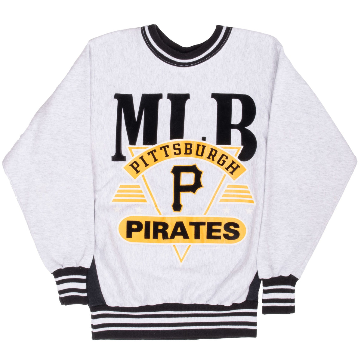 Full front view of light gray Pittsburgh Pirates sweatshirt with oversized MLB graphic