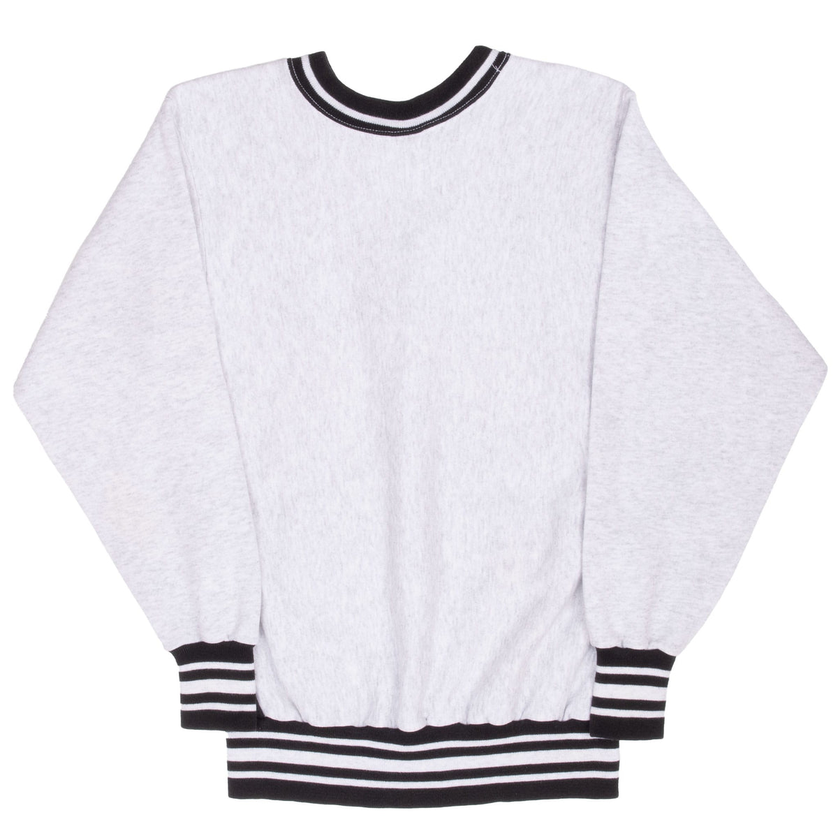 Back of light gray Pittsburgh Pirates sweatshirt with black-and-white striped ribbing