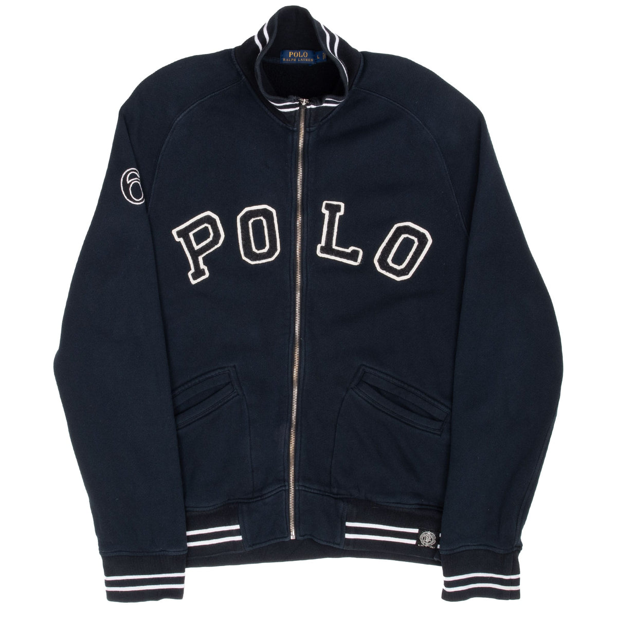 Full front of black Polo Ralph Lauren zip-up sweatshirt with pockets and striped ribbed trim