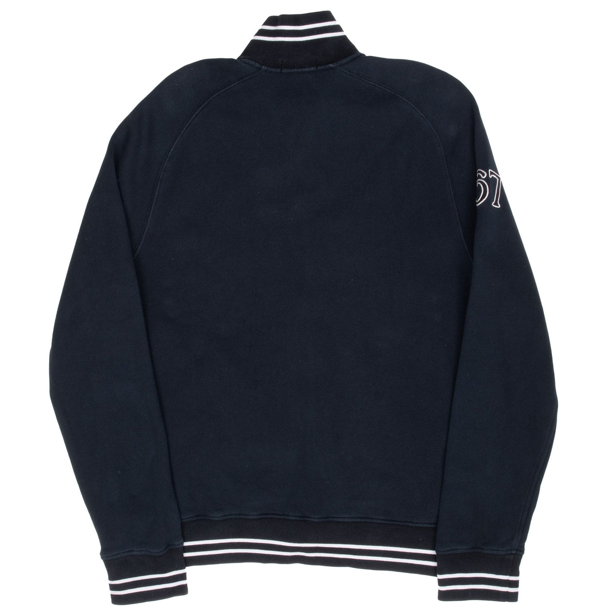 Back of black Polo Ralph Lauren sweatshirt with raglan seams, striped trim and 67 sleeve embroidery