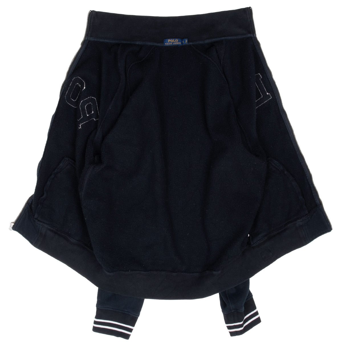 Open Polo Ralph Lauren sweatshirt showing the black fleece interior
