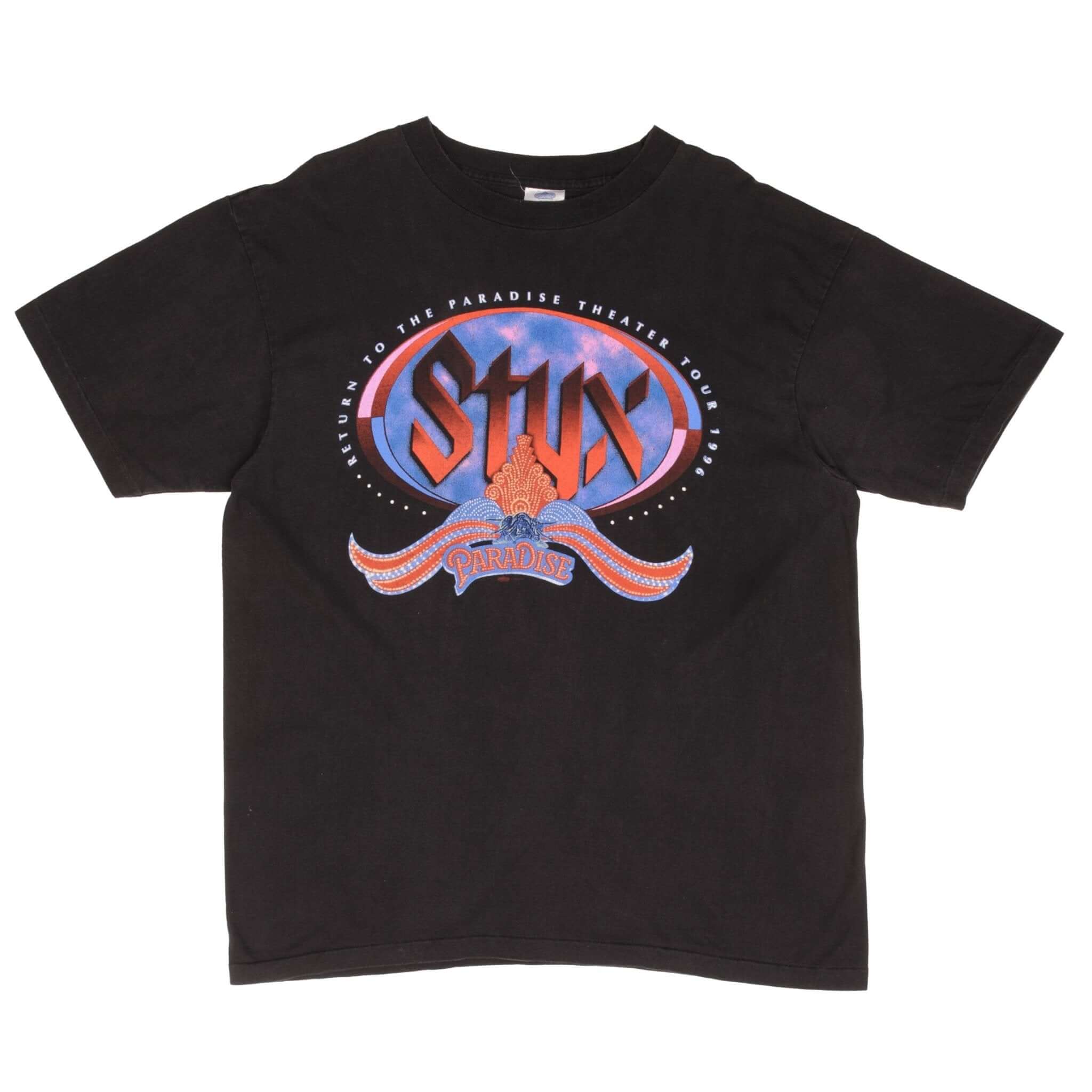 Full front view of black Styx Return to the Paradise Theater Tour 1996 T-shirt