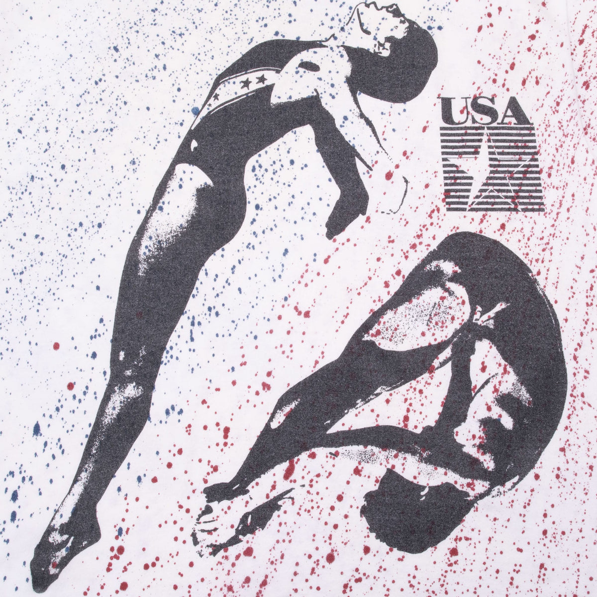 Front graphic detail with black divers, USA star design and red and blue splatter print