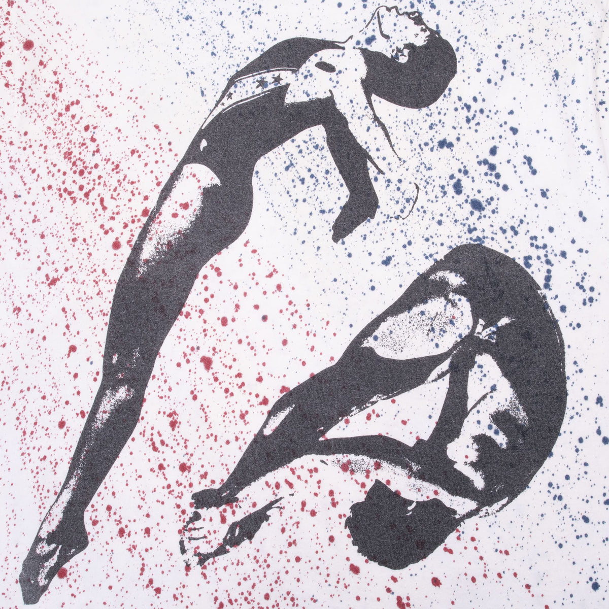 Back graphic detail with two black divers over red and blue splatter print