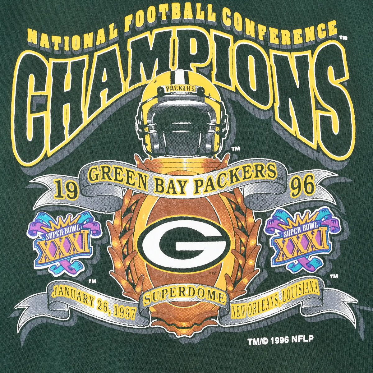 Close-up of Packers NFC Champions graphic with helmet, team logo, and Super Bowl XXXI emblems