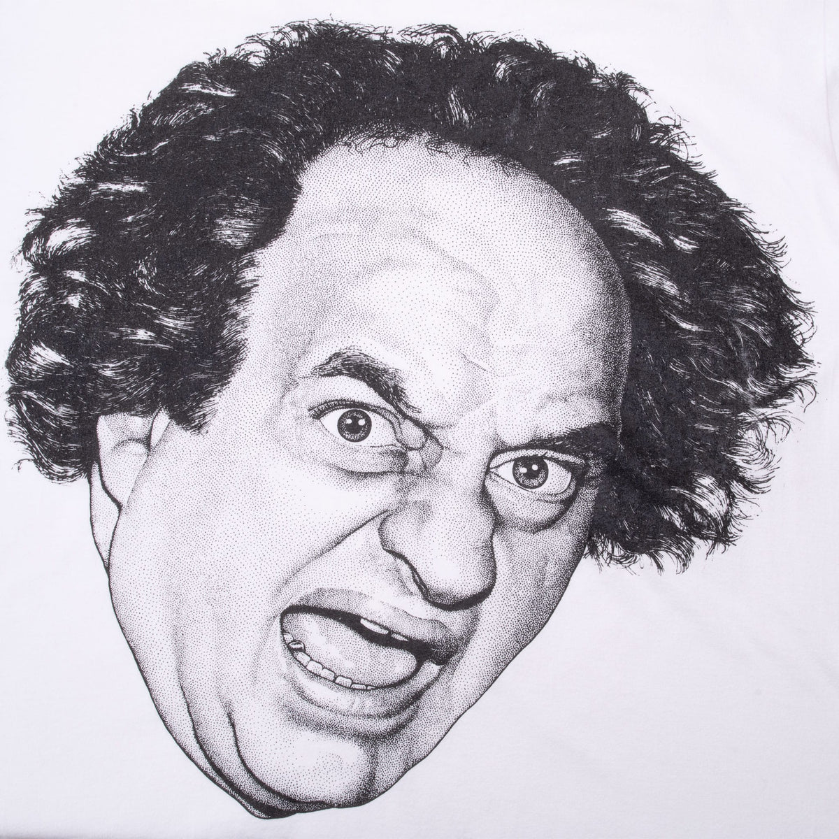 Close-up of black-and-white Three Stooges portrait print on white fabric