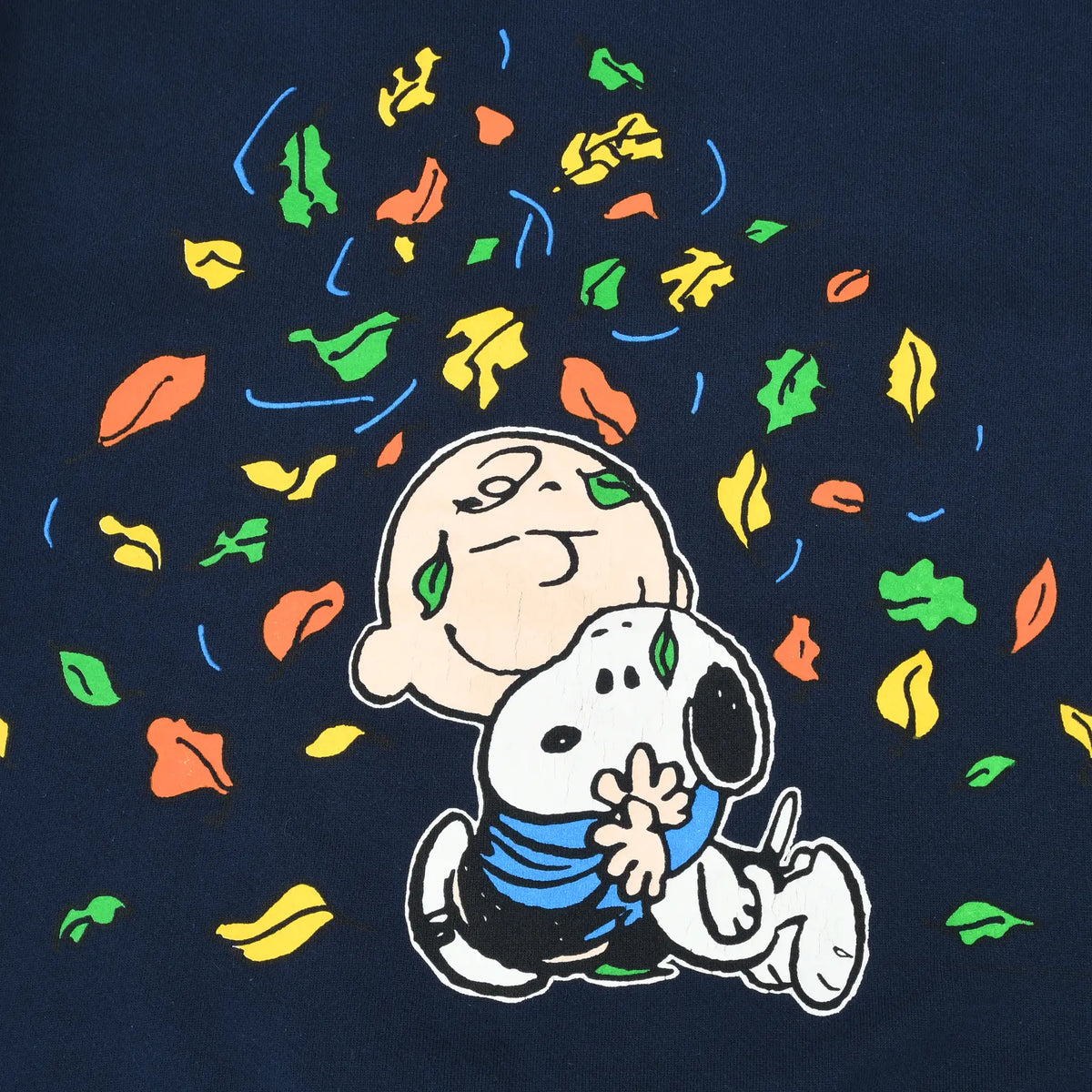 Close-up of Snoopy hugging Charlie Brown beneath colorful falling leaves on navy fabric