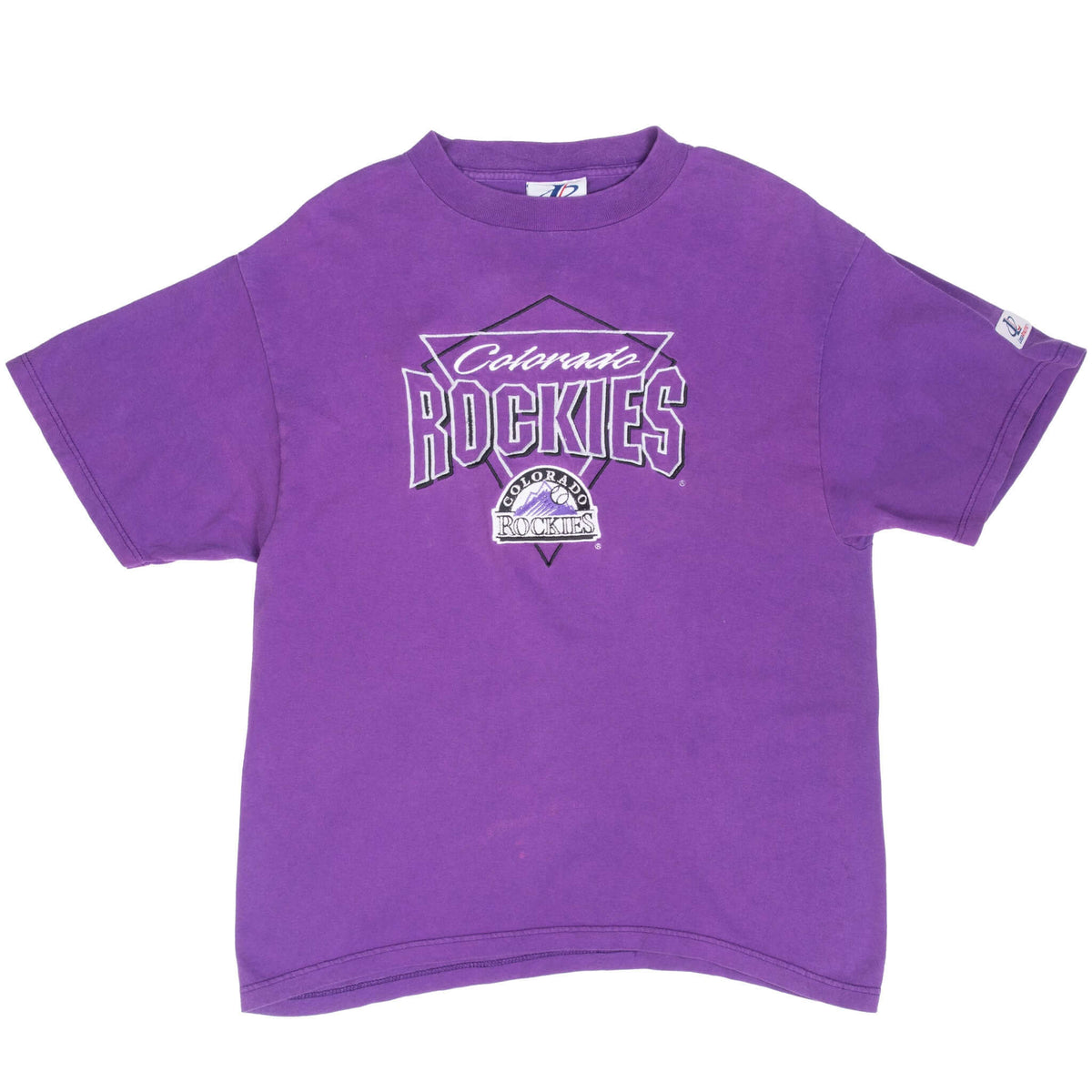 Full front of purple Colorado Rockies T-shirt with embroidered team logo
