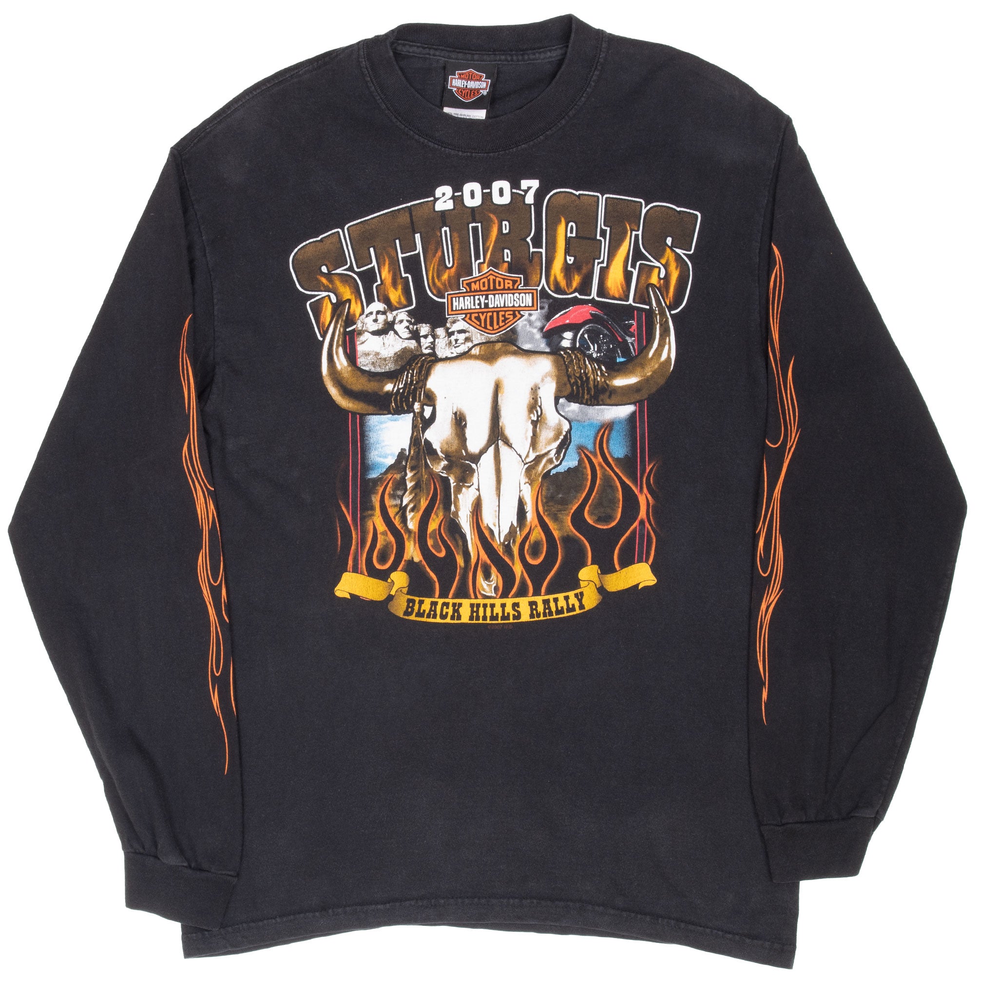 Full front view of black Harley-Davidson Sturgis 2007 long-sleeve tee with steer skull and flame print