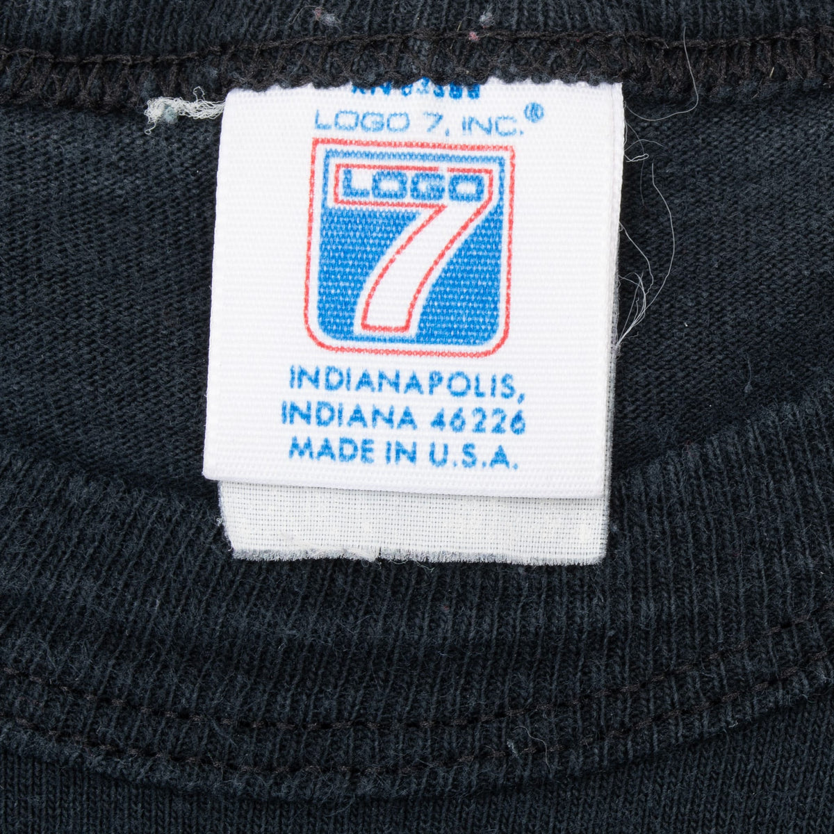 Close-up of Logo 7 neck tag marked Indianapolis, Indiana and Made in USA