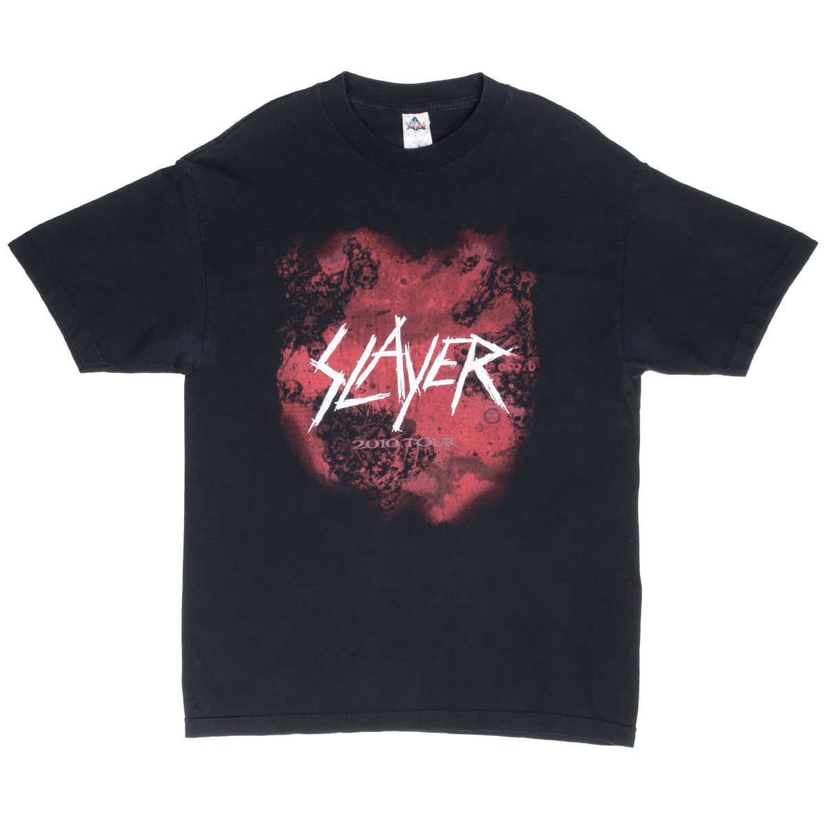 Front of black Slayer 2010 tour T-shirt with red graphic and white logo