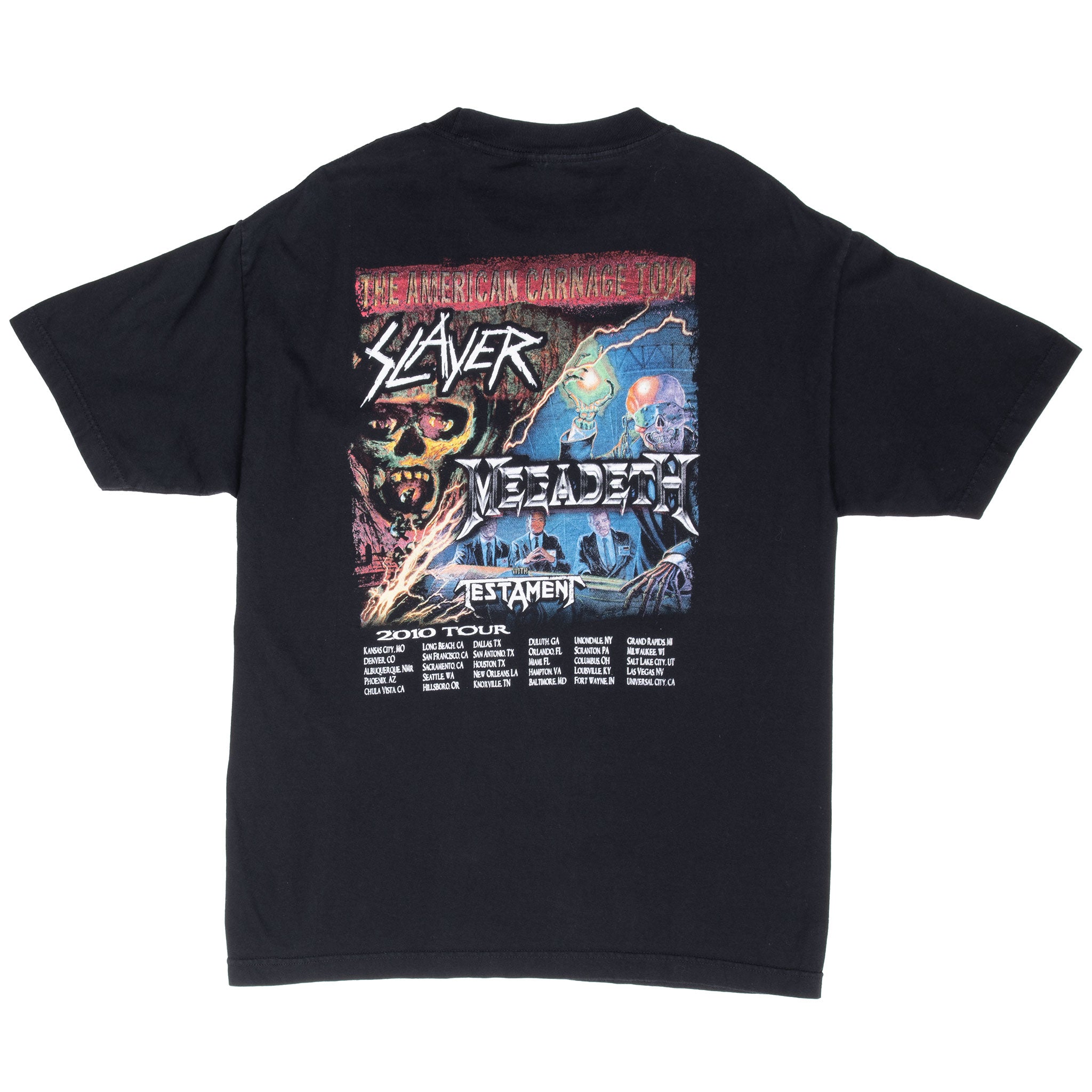 Back of black American Carnage 2010 tour T-shirt with Slayer, Megadeth and Testament graphic