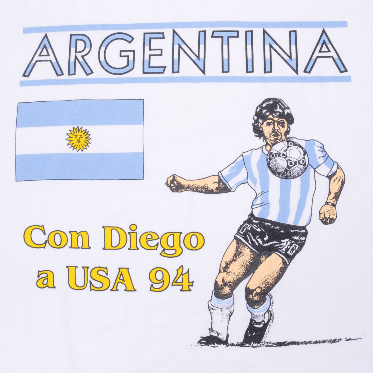 Close-up of Argentina flag, Diego Maradona, and “Con Diego a USA 94” front print