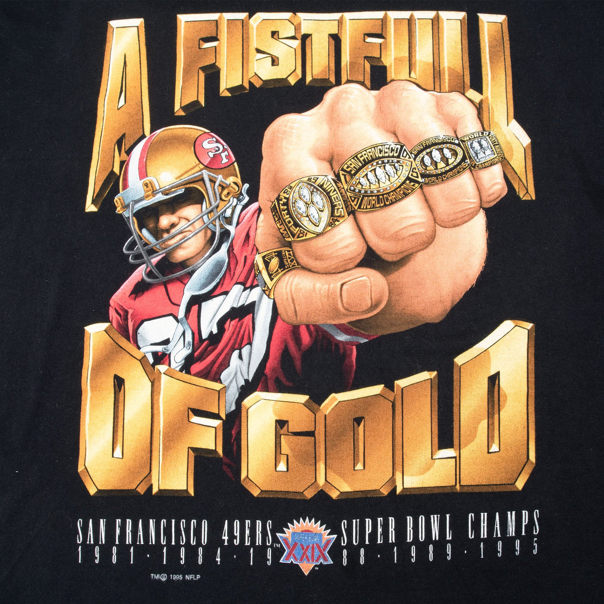 Close-up of 49ers player, five rings and gold A Fistful of Gold Super Bowl XXIX graphic