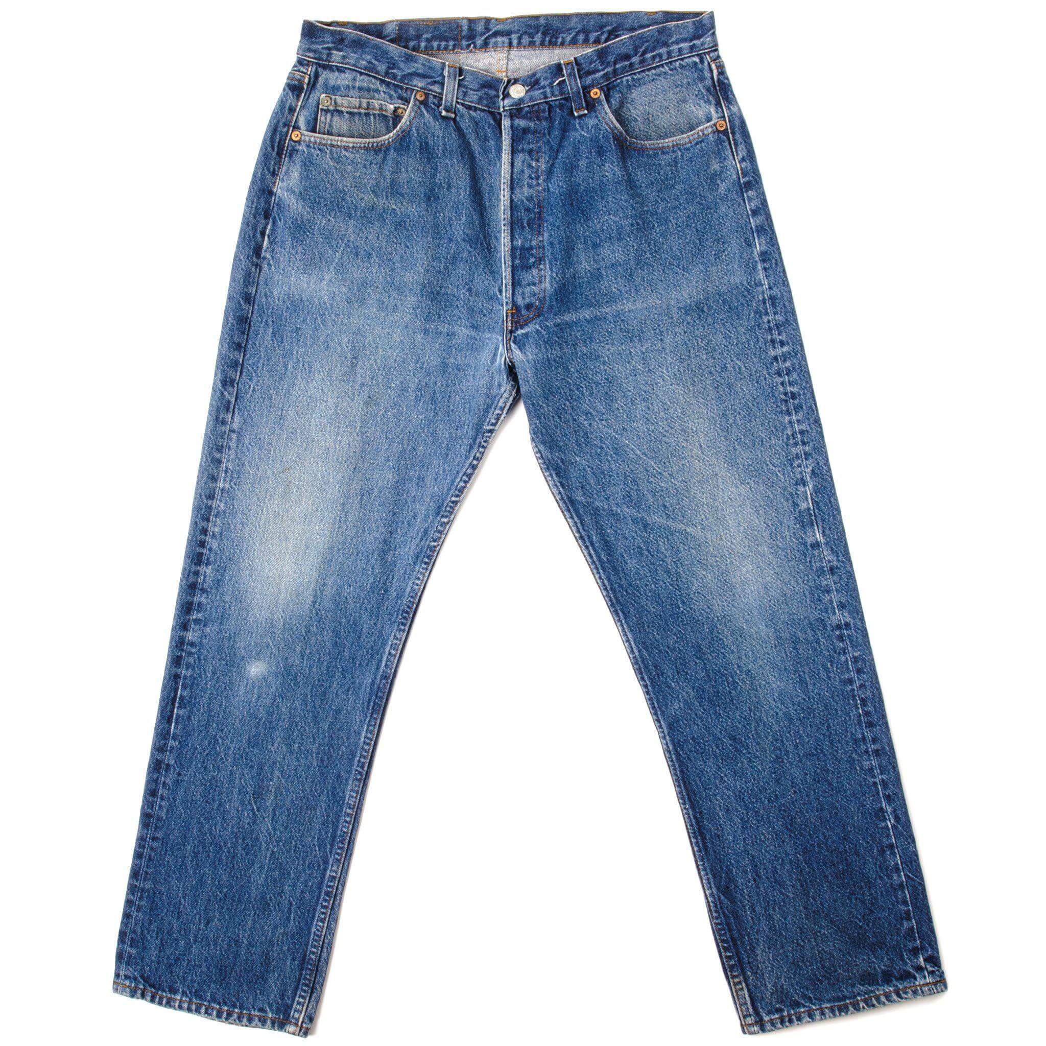 Beautiful Indigo Levis 501 Jeans from 1970 to 1985 Made in USA with a medium blue wash and a nice contrast of light and medium blue. Size 34x28 Back Button #540