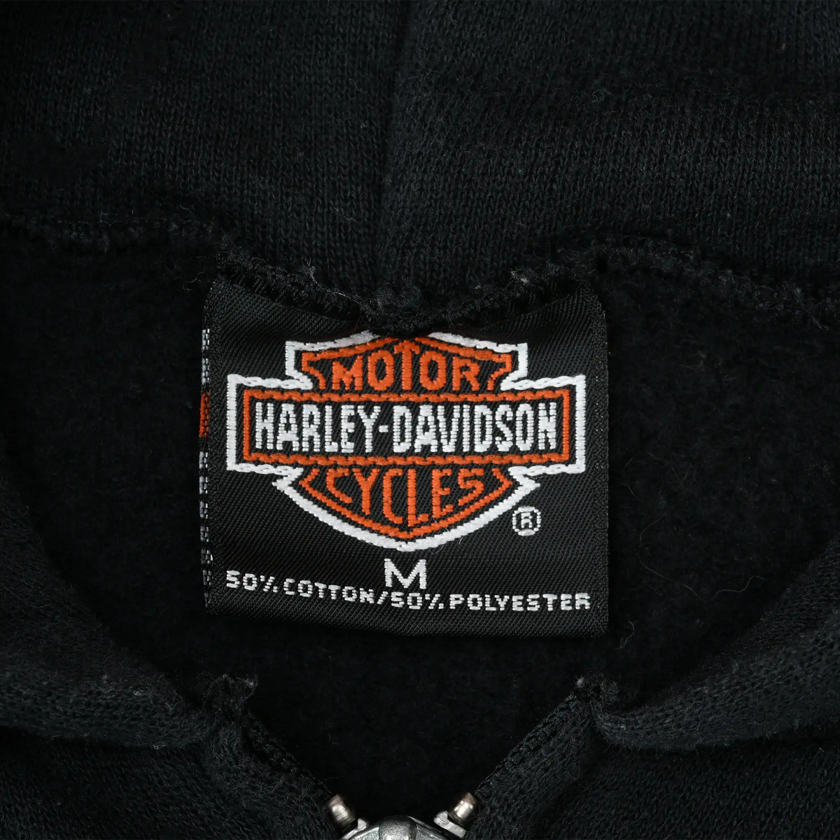 Harley-Davidson Motor Cycles neck label with cotton and polyester blend text