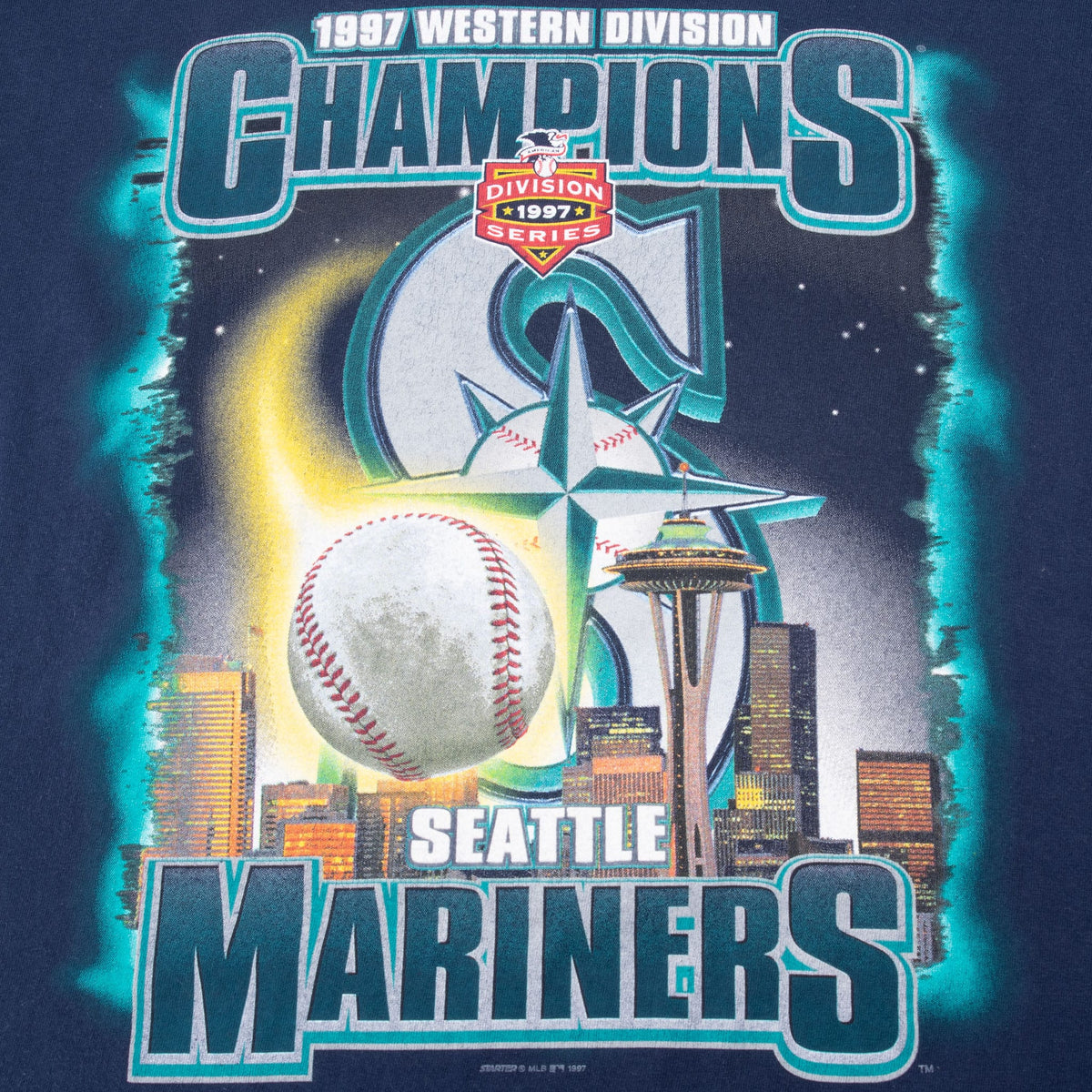 Seattle Mariners champions graphic with baseball, Space Needle, skyline, and team logo