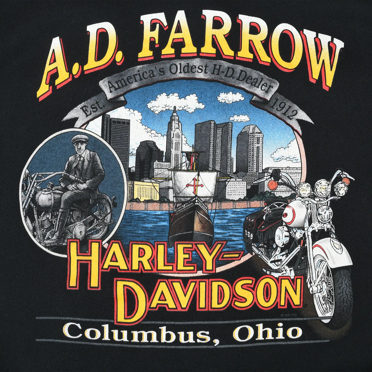 A.D. Farrow Harley-Davidson Columbus, Ohio back print with motorcycles and city skyline