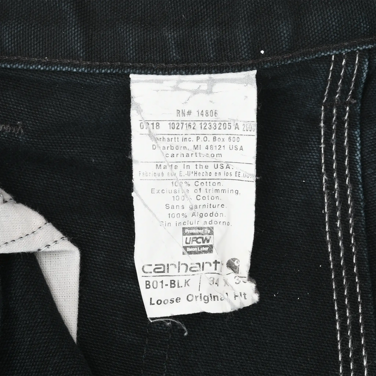 Interior Carhartt care label showing B01-BLK style and Made in USA text