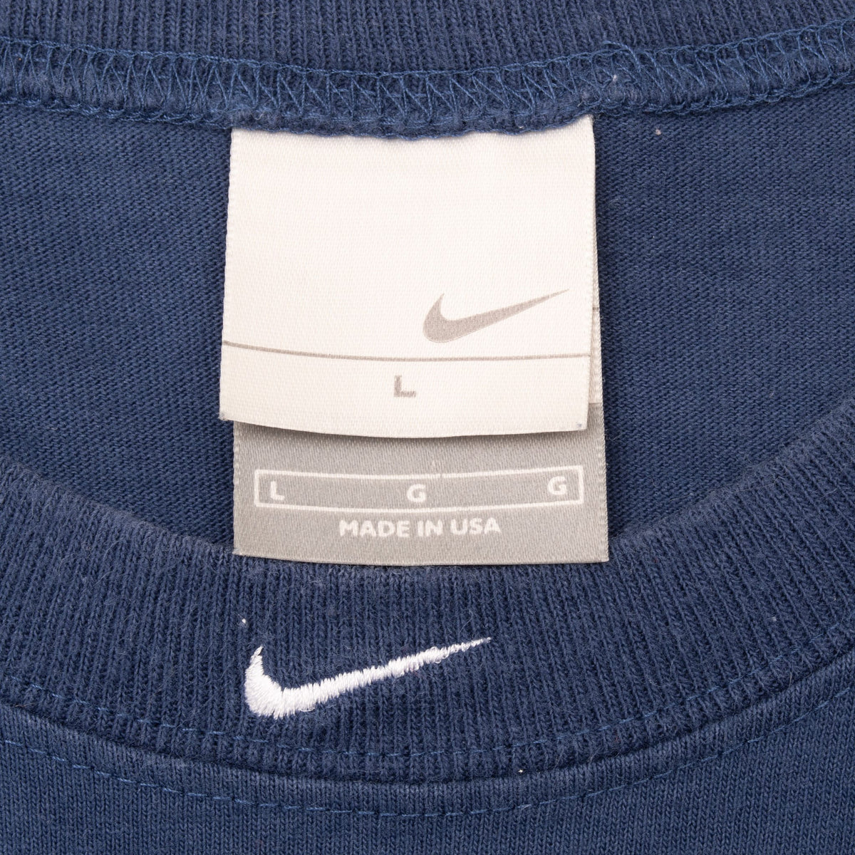 Nike neck tag showing size L and Made in USA above embroidered white Swoosh