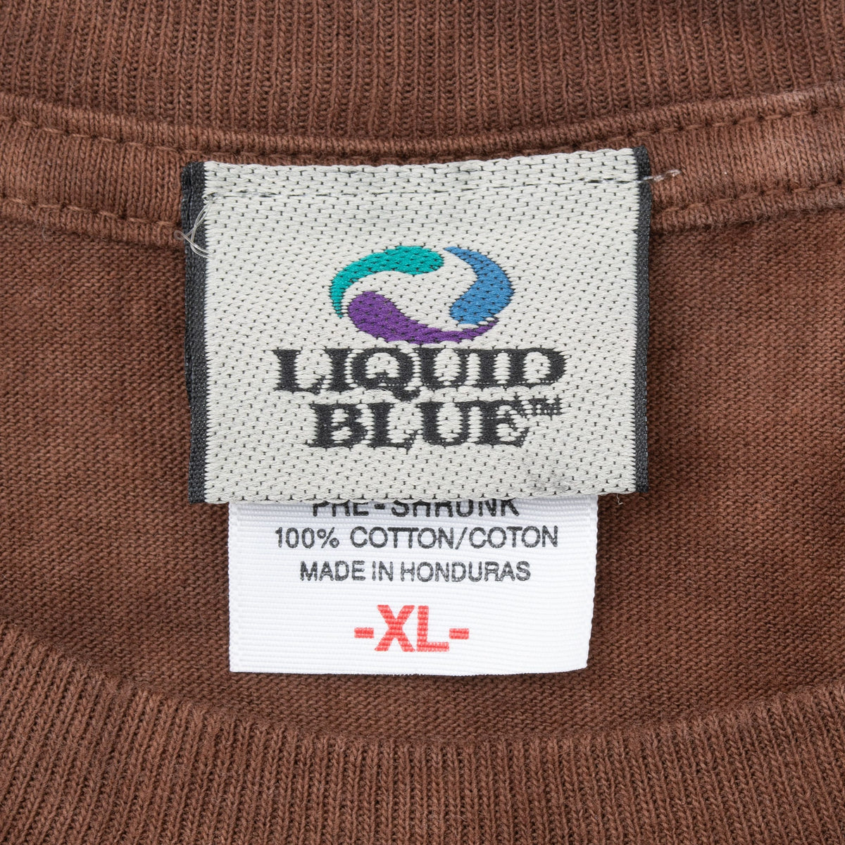 Liquid Blue neck label and XL size tag inside brown Led Zeppelin T-shirt