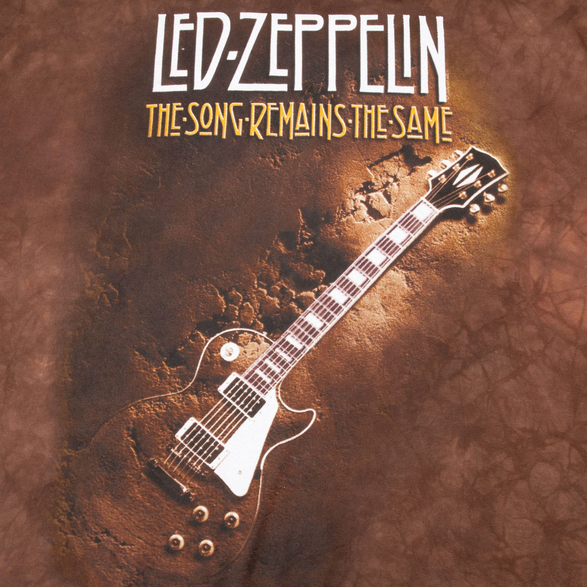 Close-up of Led Zeppelin The Song Remains the Same lettering and guitar print