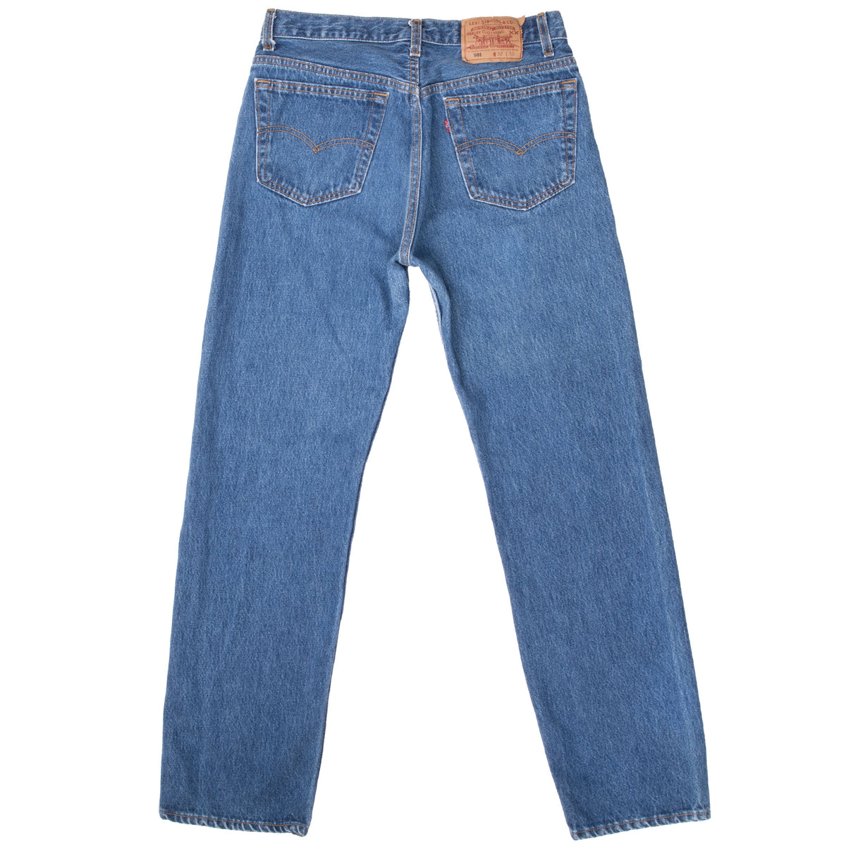 Back view of Levi's 501 medium-wash blue jeans with patch and rear pockets