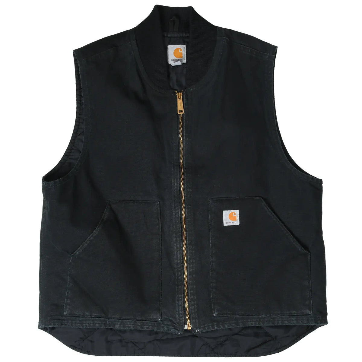 Front of black Carhartt vest unzipped at the hem, showing quilted lining and two patch pockets