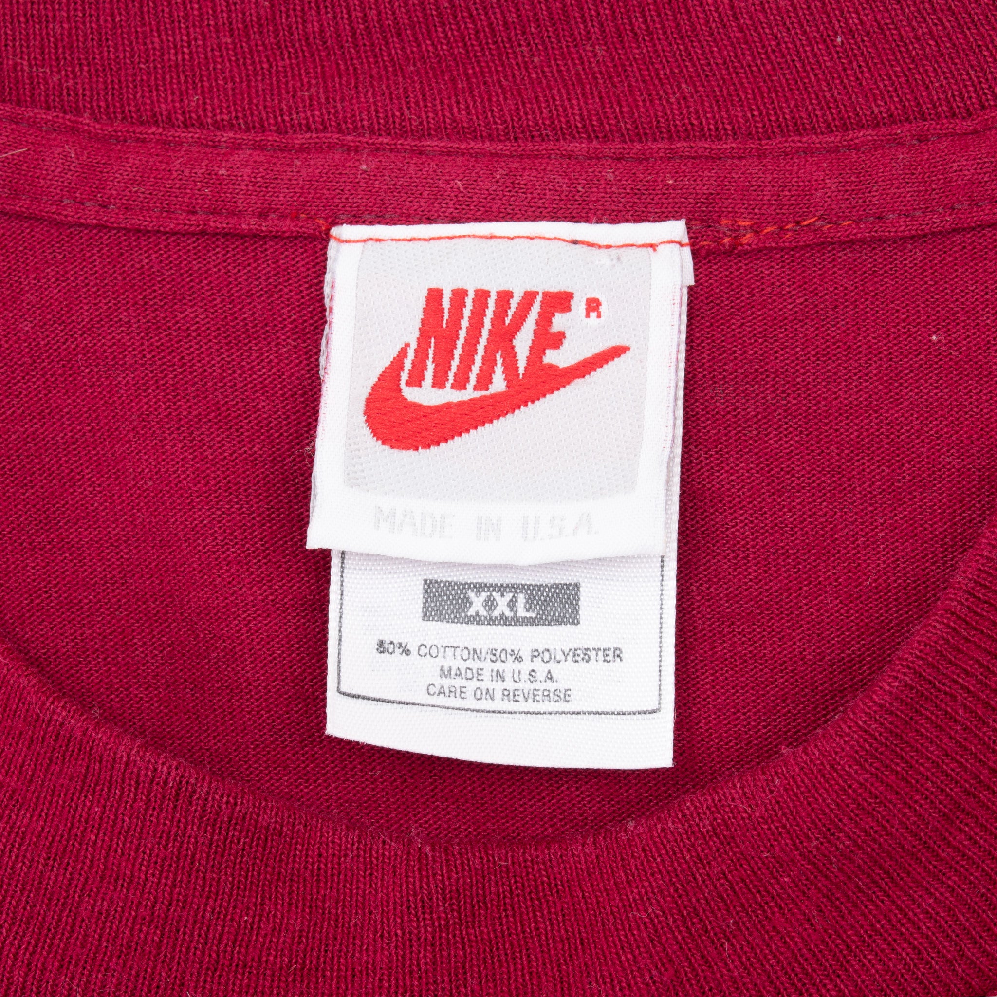 Vintage Nike Air Spellout Burgundy Tee Shirt Late 1980S Size 2XL Made In Usa With Single Stitch Sleeves