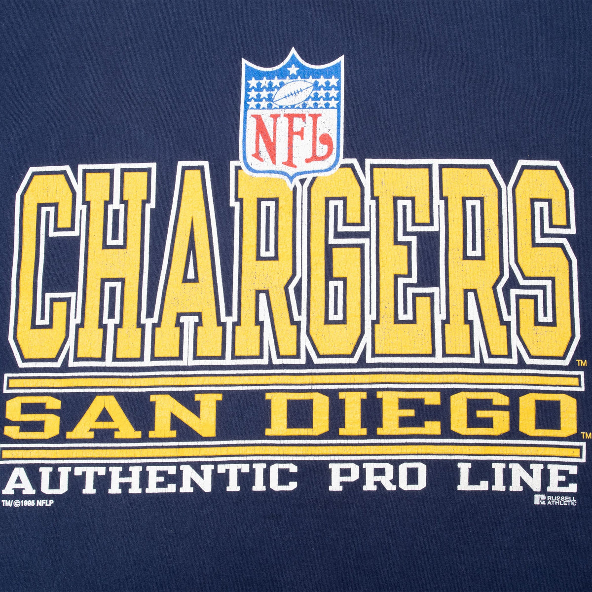 Close-up of NFL shield and Chargers San Diego Authentic Pro Line front graphic