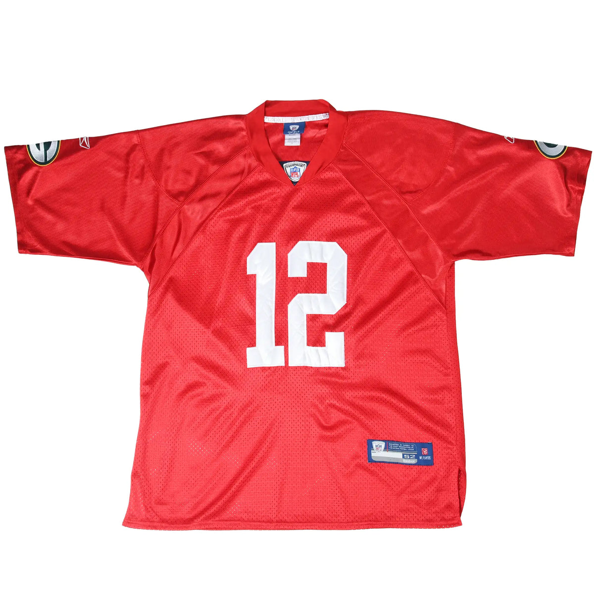 Front of red Reebok Green Bay Packers Aaron Rodgers jersey with white number 12