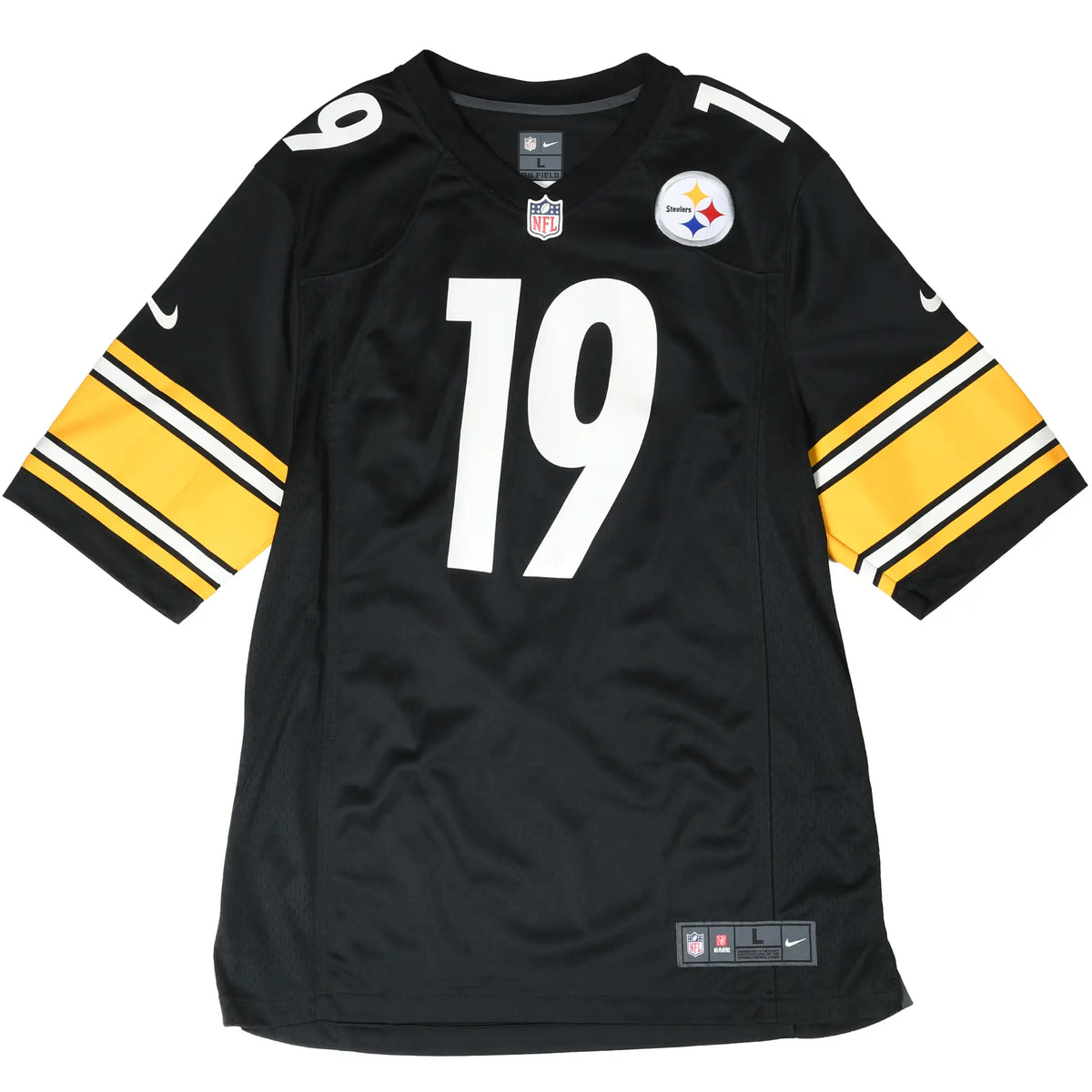 Full front view of black Nike Steelers number 19 jersey with team crest and NFL shield