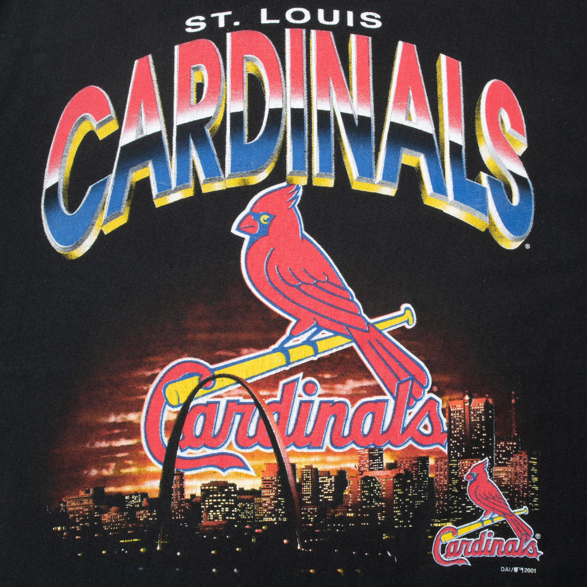 St. Louis Cardinals front graphic with bird-on-bat logo, Gateway Arch and city skyline