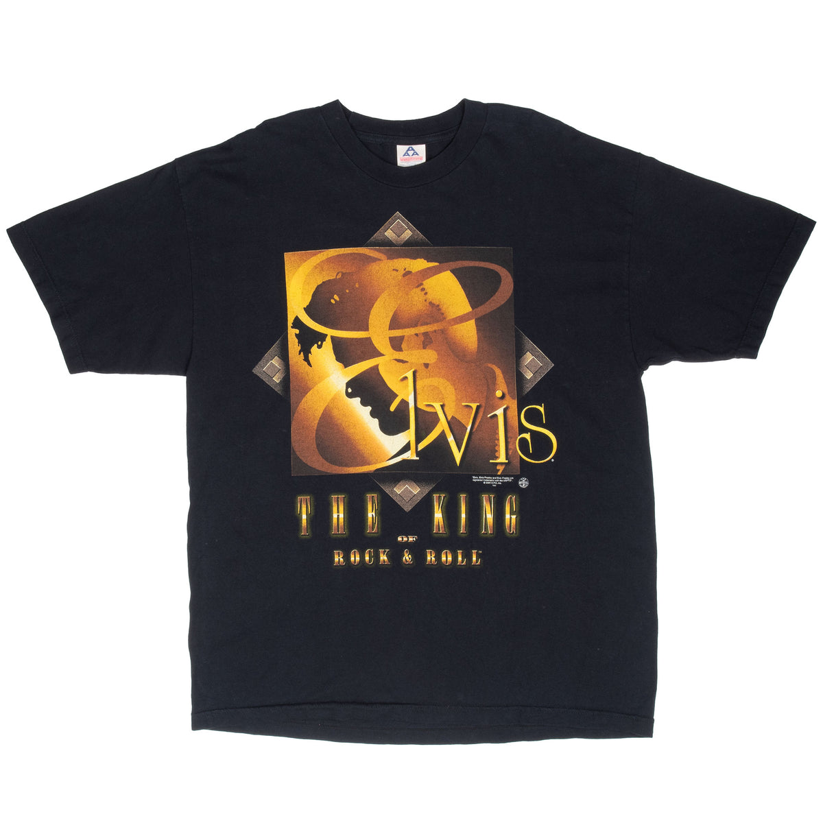 Full front view of black Elvis Presley The King of Rock & Roll T-shirt
