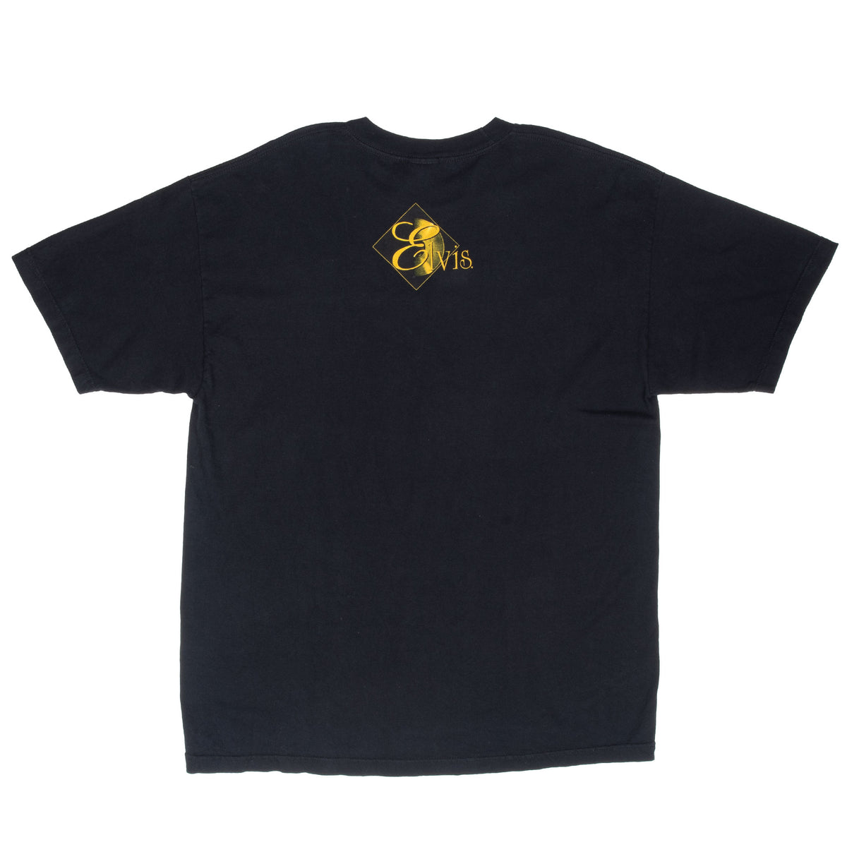 Back of black Elvis Presley T-shirt with small gold upper-back logo