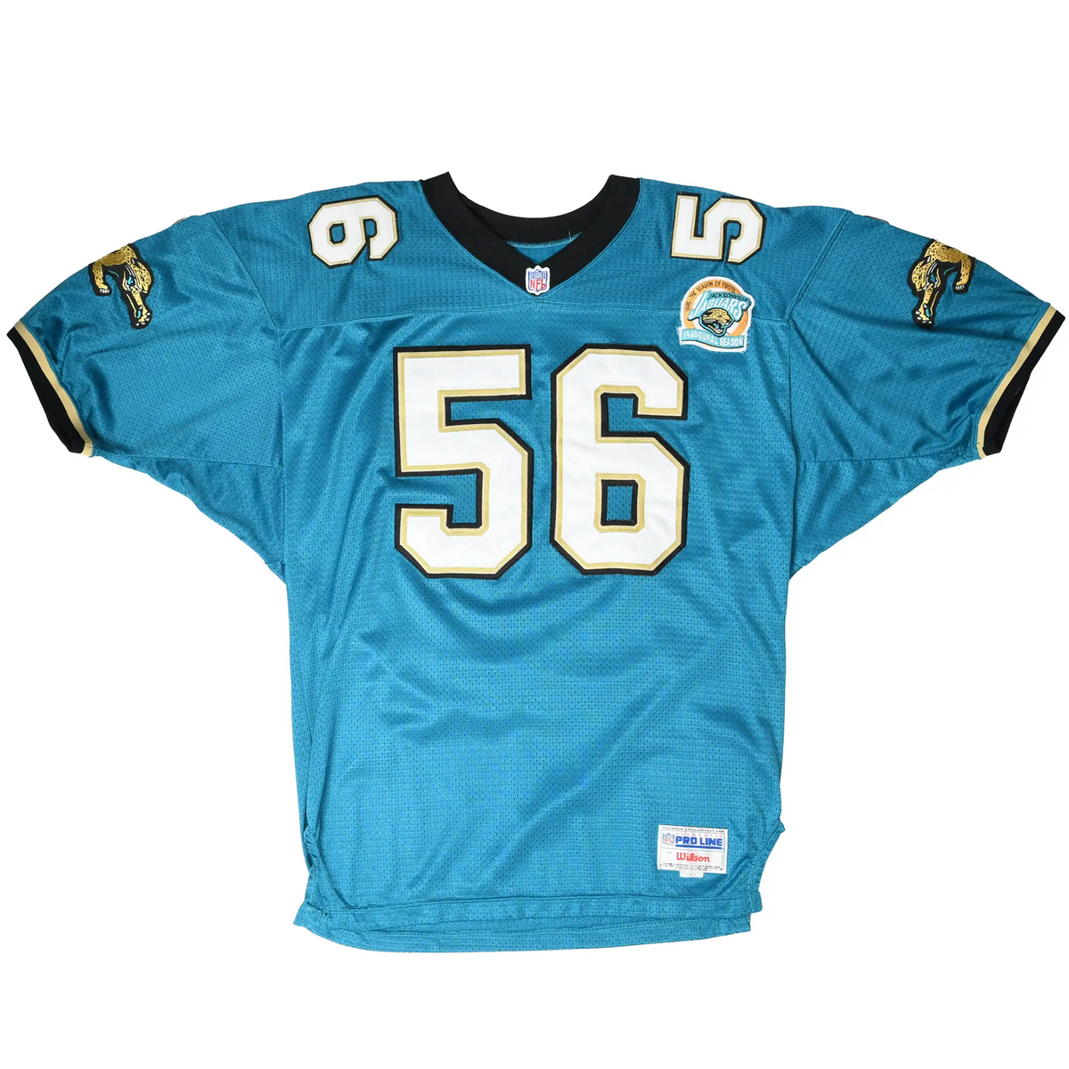 Front of teal Jacksonville Jaguars Wilson jersey with white number 56, team patch, and sleeve graphics