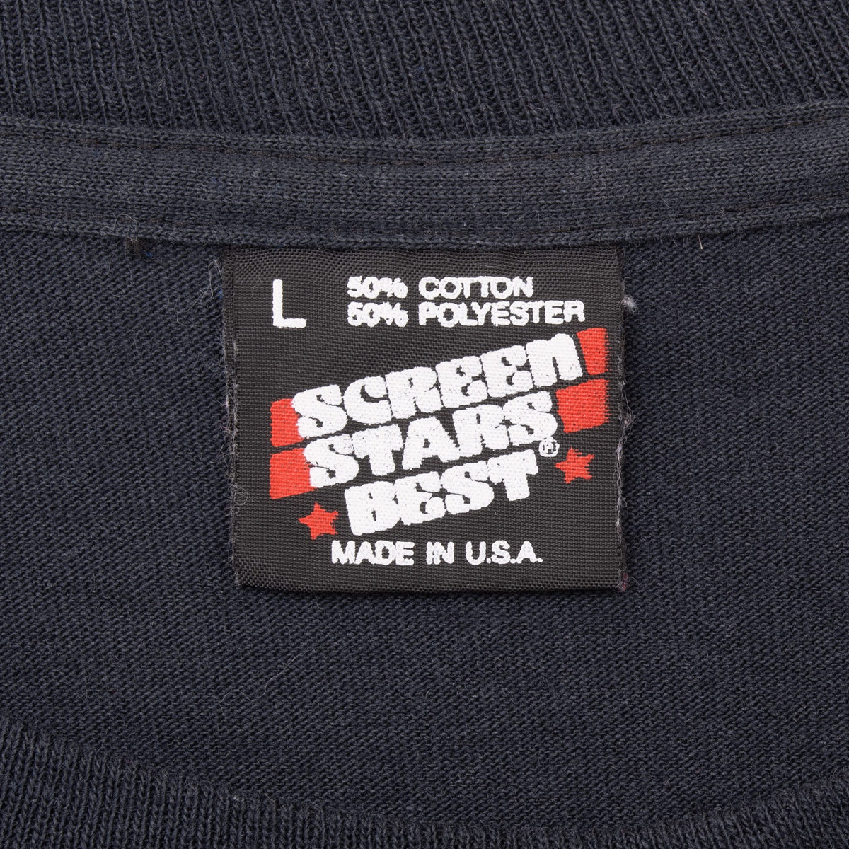 Screen Stars Best neck label marked size L, 50% cotton, 50% polyester, and made in USA