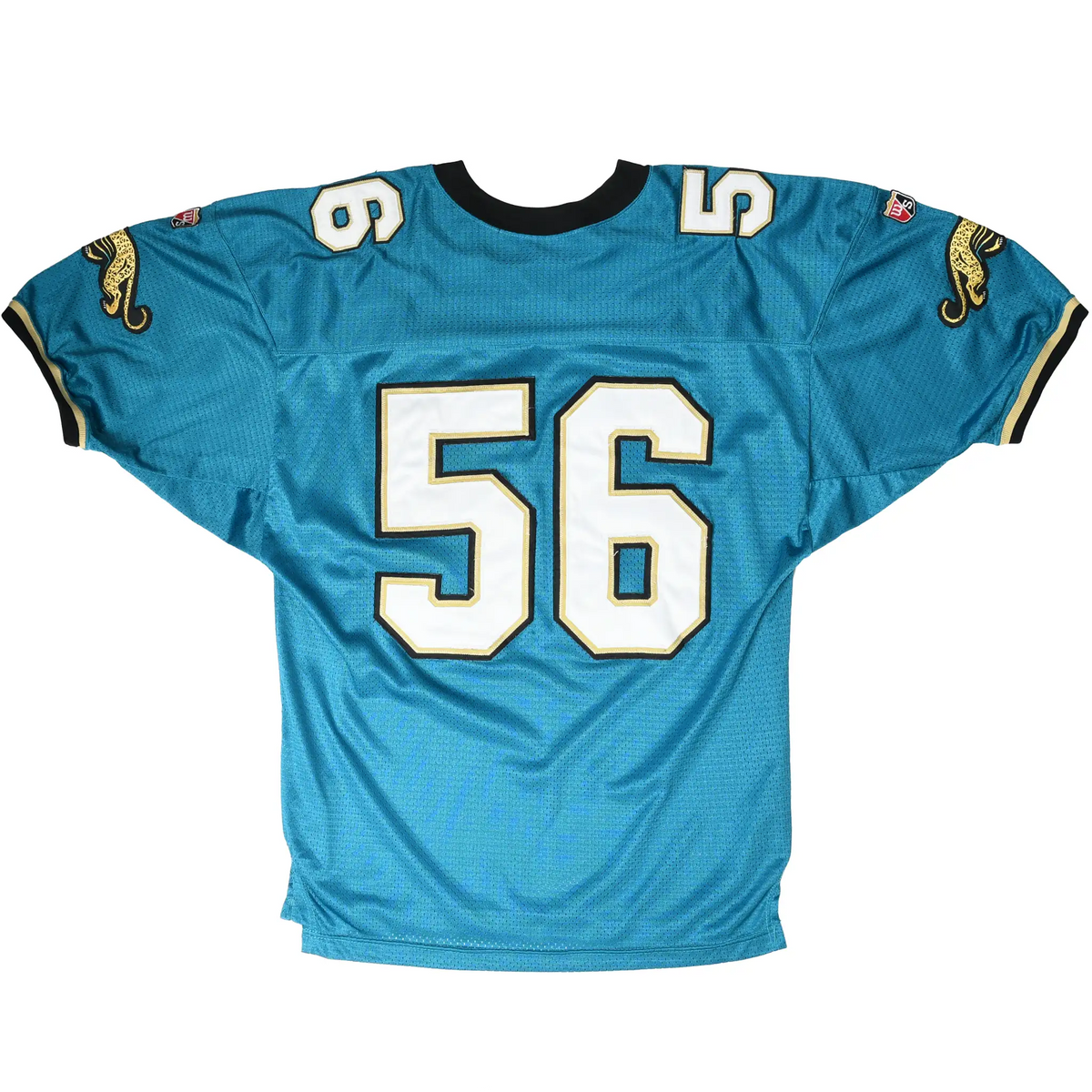 Back of teal Jacksonville Jaguars Wilson jersey with white number 56 and jaguar sleeve graphics