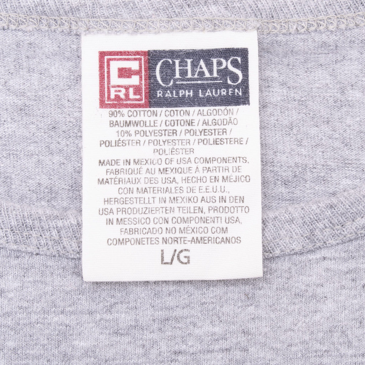Chaps Ralph Lauren neck label showing size L/G and fabric information