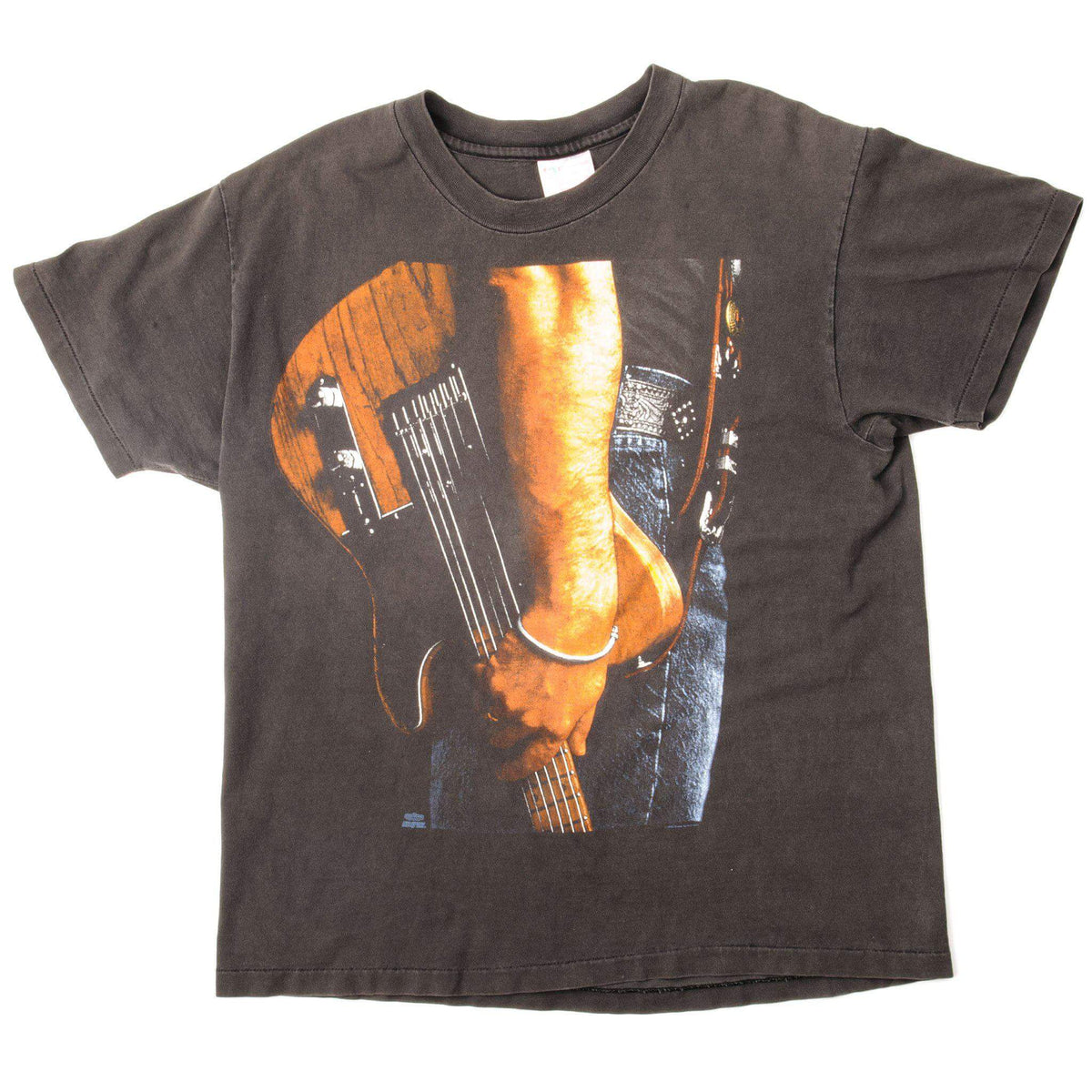 Full front view of gray Bruce Springsteen tour T-shirt with guitar performance graphic