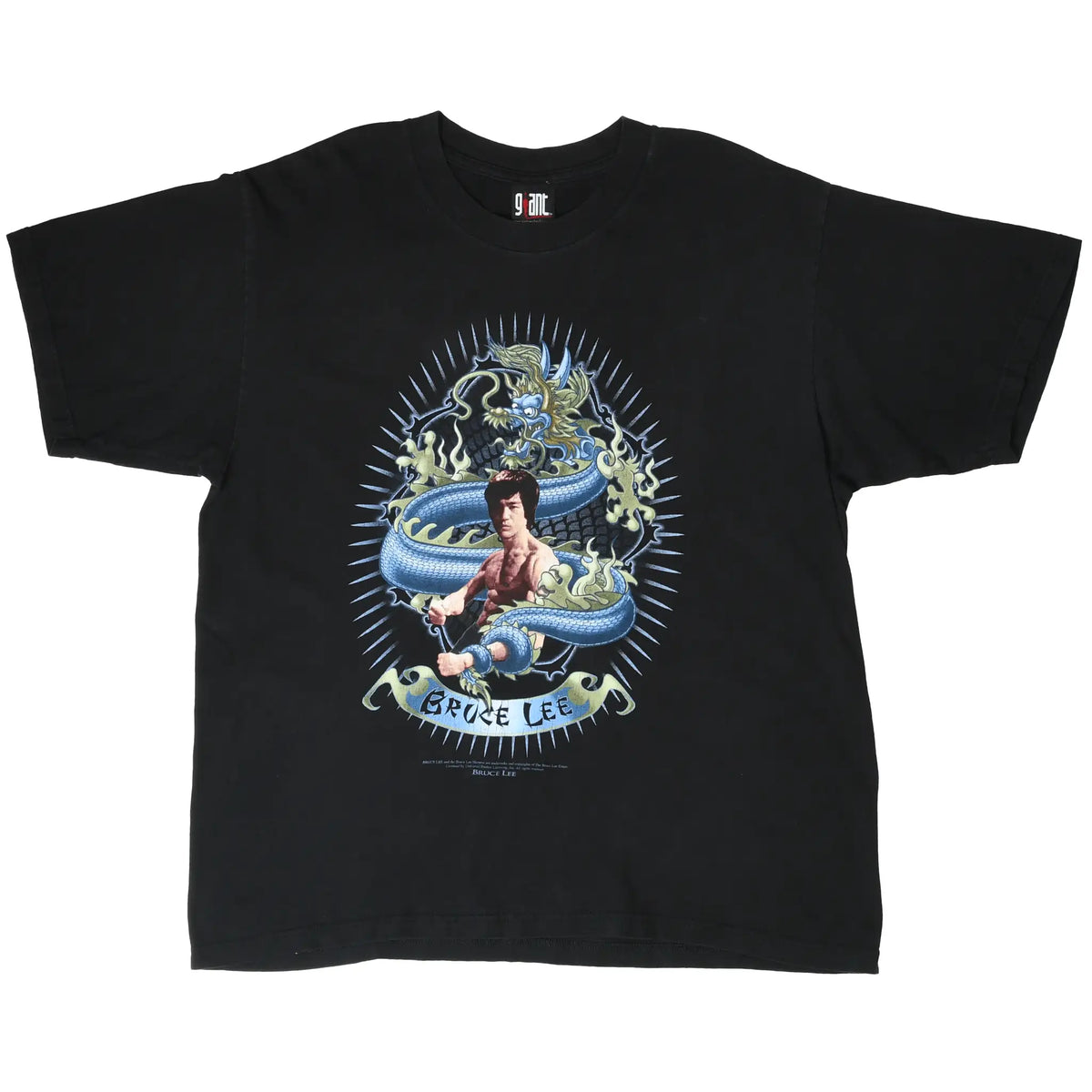 Full front view of black Bruce Lee T-shirt with dragon graphic