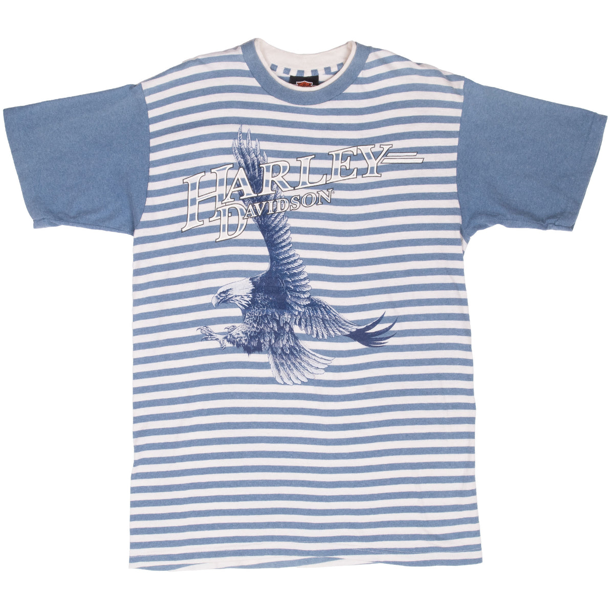 Front of blue and white striped Harley-Davidson T-shirt with eagle graphic
