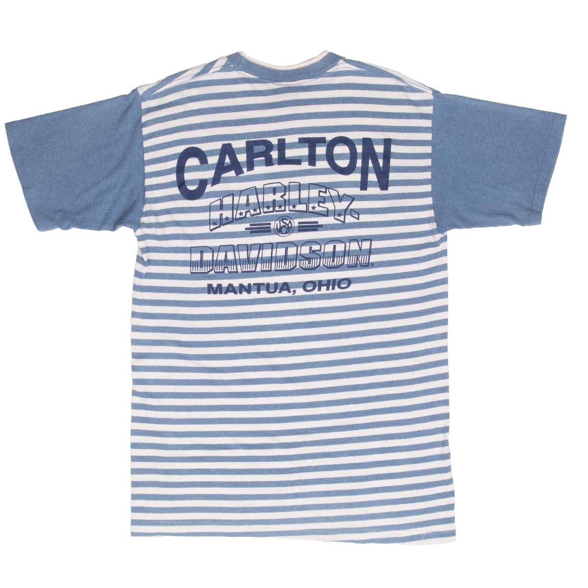 Back of striped T-shirt with Carlton Harley-Davidson Mantua, Ohio print