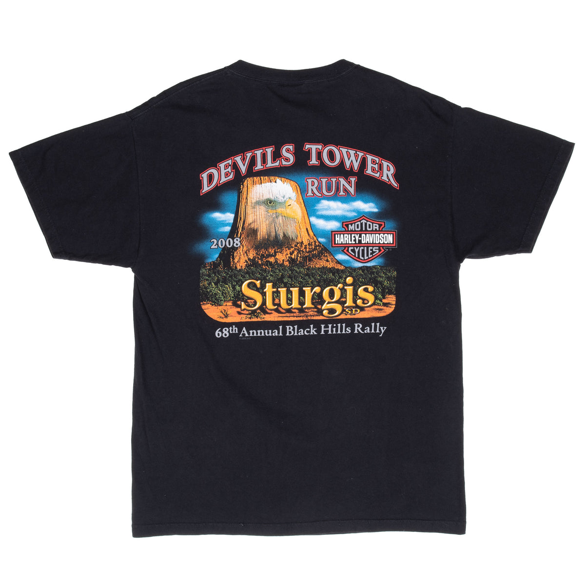 Back of black Harley-Davidson Sturgis 2008 T-shirt with Devils Tower Run and rally graphic