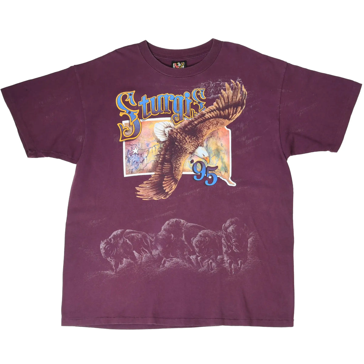 Full front of burgundy Sturgis '95 T-shirt with soaring eagle and buffalo graphics