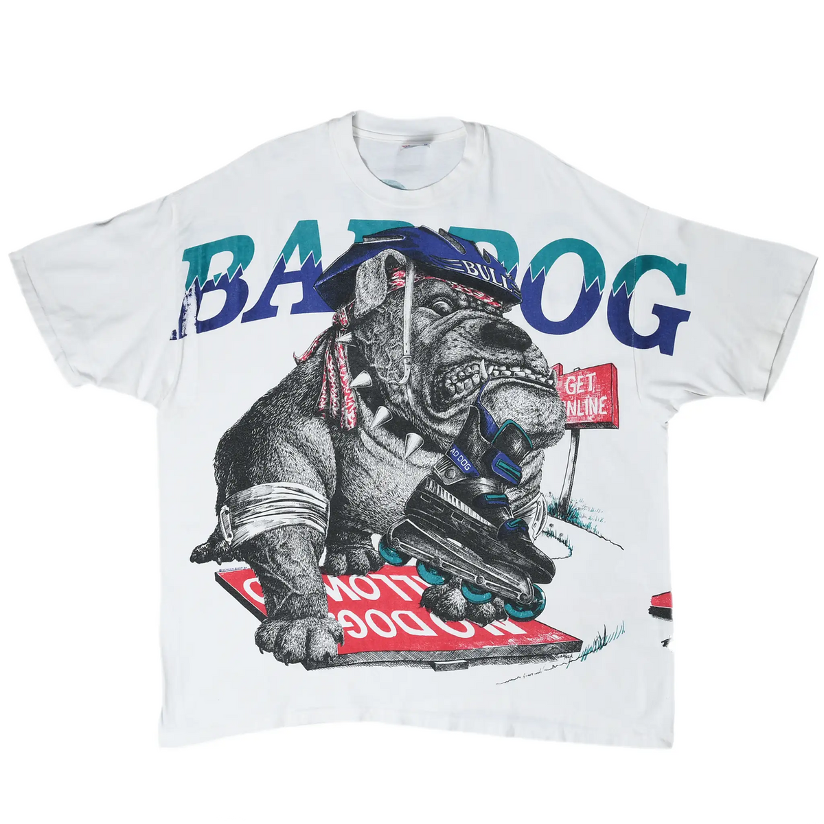 Full front view of white Bad Dog T-shirt with large roller-skating bulldog print